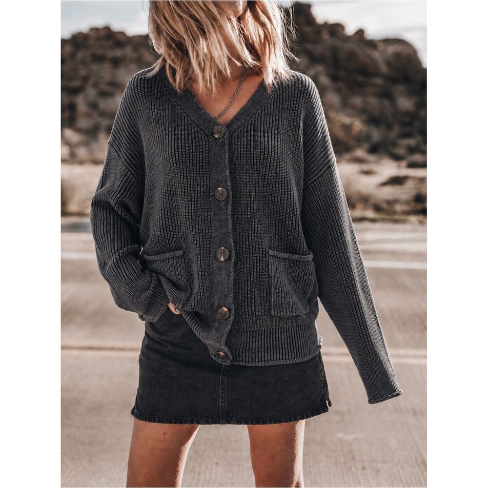 ADORA Charcoal Chunky Cotton Ribbed Cardigan S/M V-Neck Boho Chic Grunge Rustic